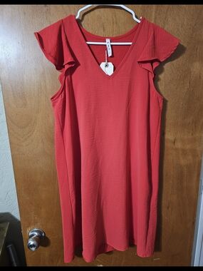 mts Red V-Neck Midi Dress with Flutter Cap Sleeves
